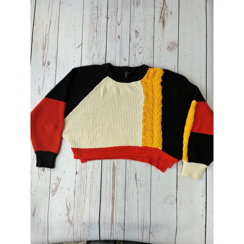Moon & Madison Colorblock Cable Knit Sweater Womens Medium Black Orange Yellow